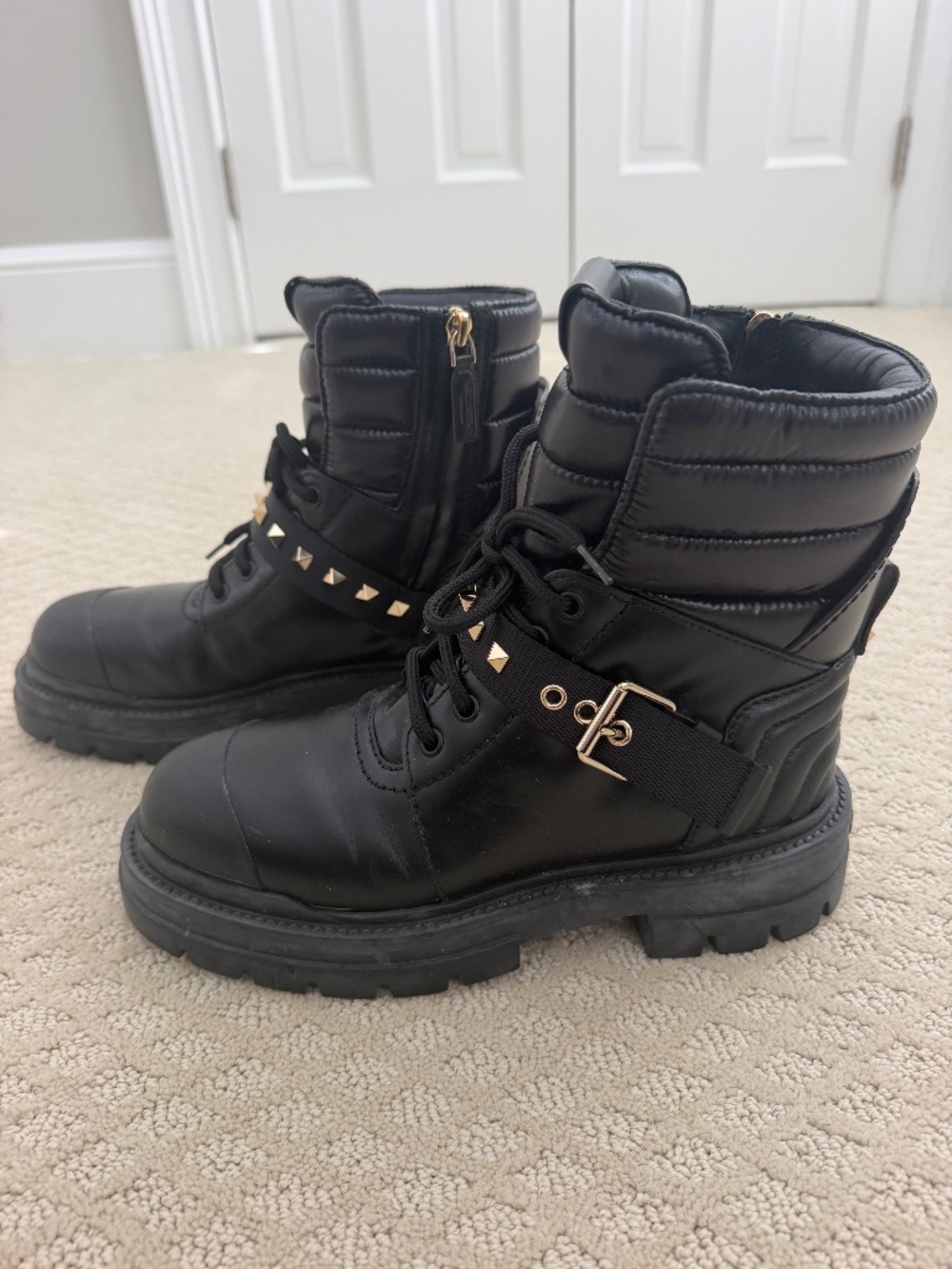 Valentino Garavani Rockstud Quilted Waterproof Combat Boots Black EU 37